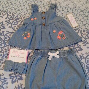 Little Lass Baby 3 PC Denim Cotton Jumper/Shorts/Headband 3-6 Months